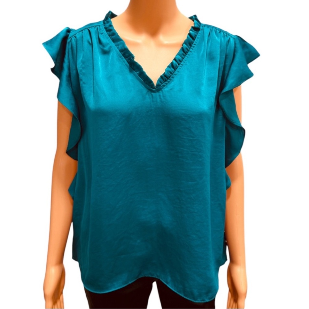 PHILOSOPHY Ruffle Flutter Sleeve Vibrant Blue Satin Effect Blouse NWT Large